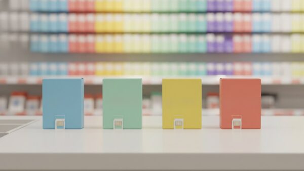 Vier Prepaid-Startersets verschiedener Anbieter nebeneinander auf einer Ladentheke