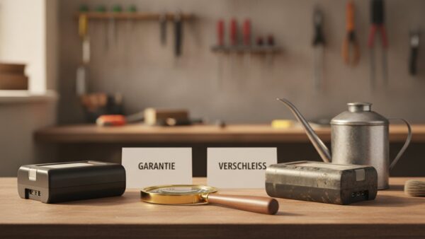 einhell garantie bild 3 Neuer und abgenutzter Akkupack mit Karten âGarantieâ und âVerschleiĂâ auf einem Werkstatttisch