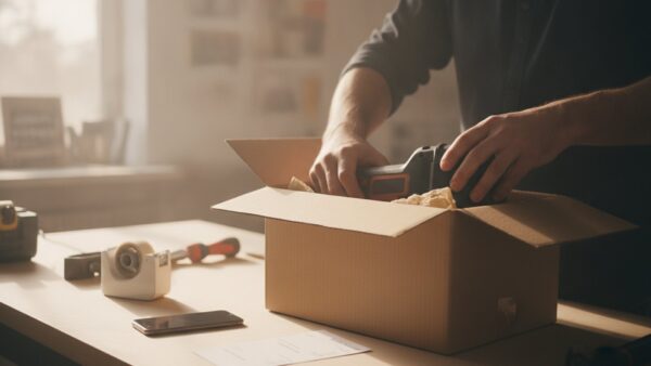 einhell garantie bild 4 HĂ€nde verpacken eine Akku-SĂ€ge fĂŒr die Einsendung in einen Versandkarton