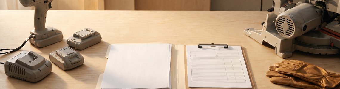 Akku-Bohrschrauber, Akkus, Ladegerät und Belegordner auf einer Werkbank
