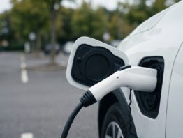 Ladestecker in der Ladebuchse eines weißen Elektroautos – Symbolbild zur Elektroauto-Prämie 2026