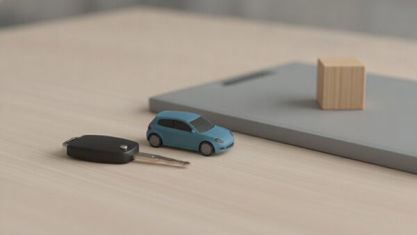 elektroauto praemie bild 2 Blaues Modellauto, AutoschlĂŒssel und grauer Schnellhefter auf einem Holztisch â Symbolbild zur Höhe der E-Auto-Förderung