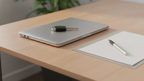 elektroauto praemie bild 4 Zugeklappter Laptop mit AutoschlĂŒssel und Unterlagen auf einem Schreibtisch â Symbolbild zum Antrag auf E-Auto-Förderung