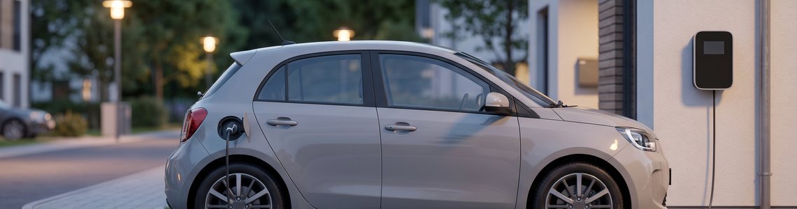 Graues Elektroauto lädt an einer Wandladestation vor einem Einfamilienhaus