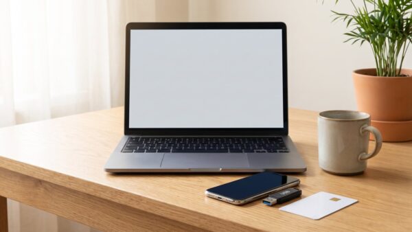 Laptop, Smartphone, USB-Stick und Chipkarte als Symbol für die Login-Optionen bei Mein ELSTER