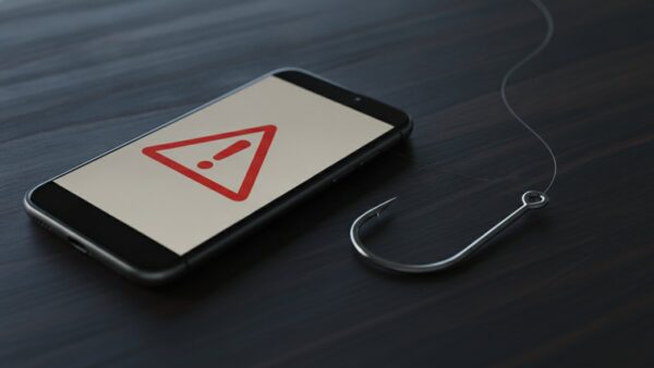 Smartphone mit Warnsymbol und ein Angelhaken als Symbol für Phishing-Mails im Namen von ELSTER