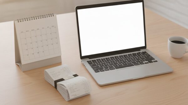 Laptop, Stapel leerer Belege und ein Tischkalender für die Steuererklärung über Mein ELSTER