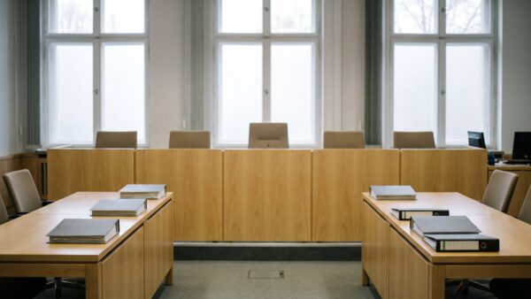 eon fernwaerme bild 1 Leerer Sitzungssaal eines Gerichts mit Richtertisch und geschlossenen Aktenordnern