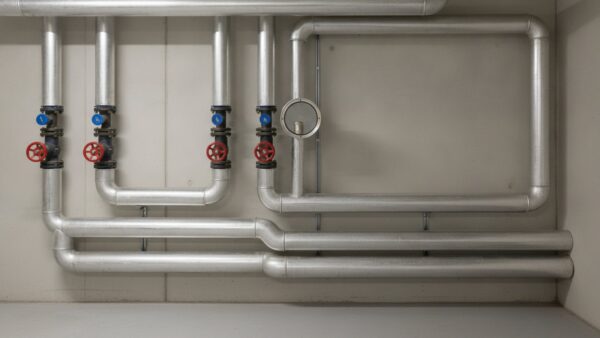 eon fernwaerme bild 4 FernwĂ€rme-Ăbergabestation mit isolierten Rohren und Ventilen in einem hellen Keller