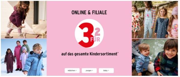 Ernsting's family Aktionsbanner: 3 für 2 auf das gesamte Kindersortiment, online und in der Filiale