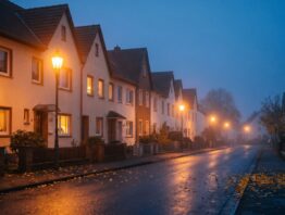 Ruhige Wohnsiedlung am Abend mit erleuchteten Fenstern und nassem Gehweg im Herbst