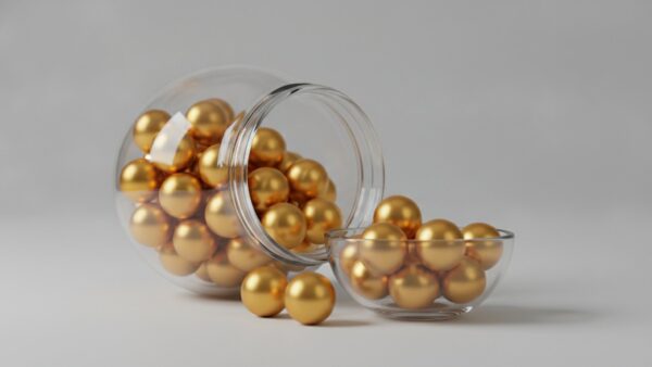 eurojackpot bild 3 Randvolles Glasgefäß mit goldenen Kugeln, von denen einige in eine zweite Schale überlaufen