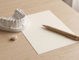 festzuschuss zahnersatz bild 1 Gipsmodell eines Unterkiefers, eine Keramikkrone und ein leerer Papierbogen mit Stift auf einem Holztisch