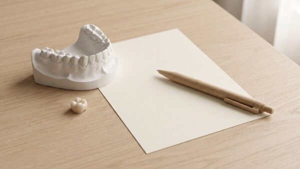 Gipsmodell eines Unterkiefers, eine Keramikkrone und ein leerer Papierbogen mit Stift auf einem Holztisch