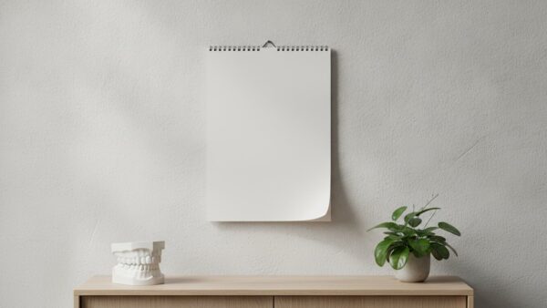 Unbeschrifteter Wandkalender mit umgeschlagenem Blatt über einem Sideboard mit Gebissmodell und Grünpflanze