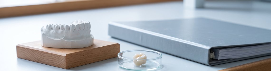 Gipsmodell eines Kiefers neben einer Keramikkrone in einer Glasschale auf einem hellen Labortisch