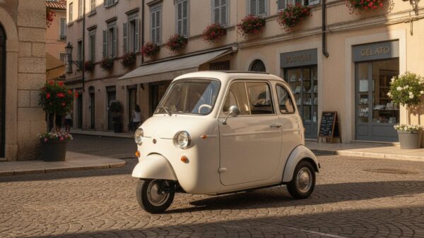 fiat multipla bild 2 Kleines rundes Elektro-Leichtfahrzeug mit vier Sitzen in einer sonnigen Altstadtgasse