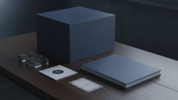 Unbedruckte Sammlerbox mit Acrylblöcken, Artbook, CD-Hülle und Sammelkarte auf einem dunklen Holztisch