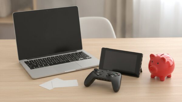 Laptop, Handheld-Konsole, Controller, zwei leere Geschenkkarten und ein rotes Sparschwein auf einem hellen Schreibtisch