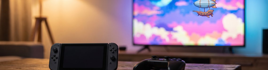 Wohnzimmer am Abend mit Handheld-Konsole und Controller auf dem Tisch, im Hintergrund ein Fernseher mit Fantasy-Himmel in Pixeloptik