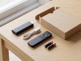 Schwarzer Streaming-Stick mit Fernbedienung, USB-Kabel und Batterien auf einem Holztisch