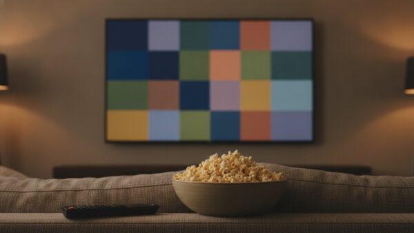 fire tv stick 4k 2026 bild 3 Fernseher mit neutralen App-Kacheln, Fernbedienung und Popcorn auf dem Sofa