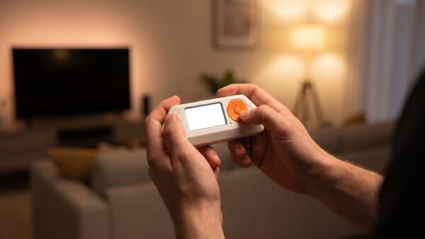 flipper zero bild 1 Hände halten ein kleines weißes Multitool-Gadget im Wohnzimmer