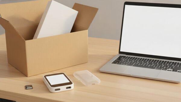 flipper zero bild 4 Geöffnetes Paket mit weißem Gadget, microSD-Karte und Silikonhülle auf dem Schreibtisch