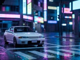 forza horizon 6 bild 1 Weißer Sportwagen an einer nächtlichen Großstadtkreuzung mit Neonlicht, Symbolbild für den Schauplatz Japan in Forza Horizon 6
