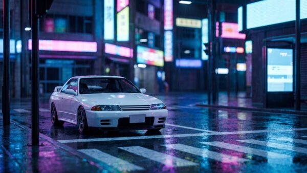 forza horizon 6 bild 1 Weißer Sportwagen an einer nächtlichen Großstadtkreuzung mit Neonlicht, Symbolbild für den Schauplatz Japan in Forza Horizon 6