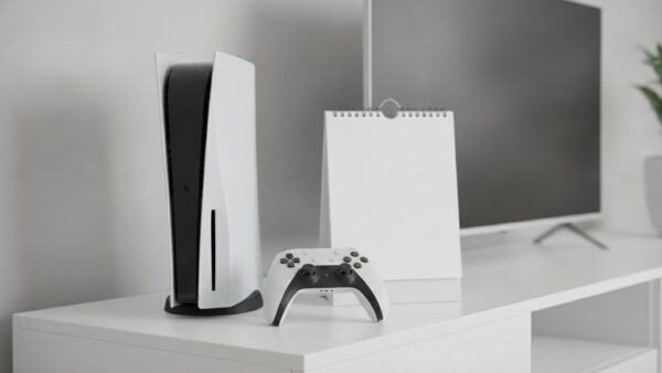 forza horizon 6 bild 2 Weiße Spielkonsole mit Controller neben einem leeren Wandkalender, Symbolbild für den offenen PS5-Termin von Forza Horizon 6