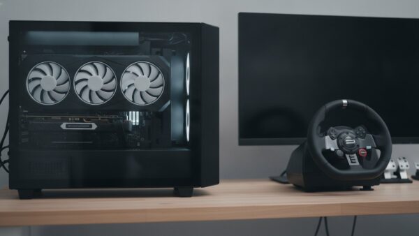 forza horizon 6 bild 4 Geöffneter Gaming-PC mit Grafikkarte und SSD neben einem Rennlenkrad, Symbolbild für die Systemvoraussetzungen von Forza Horizon 6