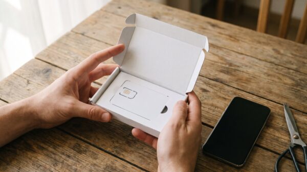 freenet aktion bild 1 Hände öffnen ein Paket mit einer neuen SIM-Karte neben einem Smartphone