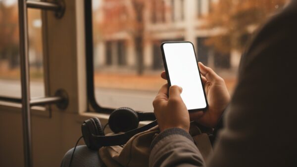 freenet aktion bild 2 Hände mit Smartphone und Kopfhörern in einer Straßenbahn
