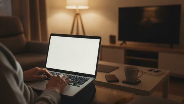 freenet aktion bild 4 Person bucht am Abend auf dem Sofa einen Handytarif am Laptop
