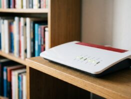 Nahaufnahme eines weißen WLAN-Routers mit grün leuchtenden Statusleuchten
