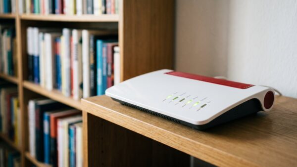 fritzbox update bild 1 Nahaufnahme eines weiĂźen WLAN-Routers mit grĂĽn leuchtenden Statusleuchten