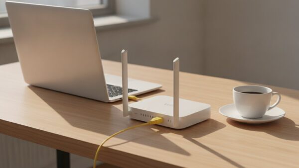 fritzbox update bild 2 Notebook und weiĂźer Router auf einem Schreibtisch, verbunden mit einem gelben Netzwerkkabel