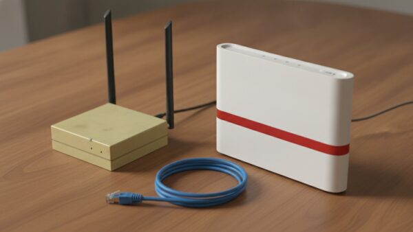 fritzbox update bild 4 Ein älterer Router mit Stabantennen neben einem neuen weißen Router auf einem Holztisch
