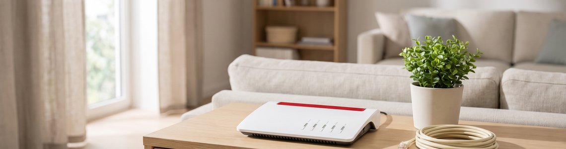 Weißer WLAN-Router mit rotem Akzent auf einem hellen Sideboard im Wohnzimmer