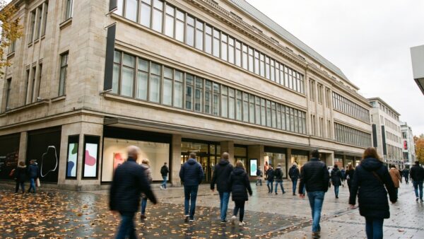 galeria insolvenz bild 1 Kaufhausfassade in einer Fußgängerzone mit Passanten im Herbst