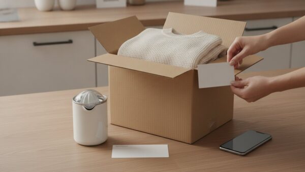 galeria insolvenz bild 3 Rücksendung eines Pullovers und Küchengeräts mit Garantiekarte auf dem Küchentisch