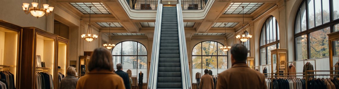 Rolltreppe und Etagen in einem Kaufhaus mit Kunden von hinten
