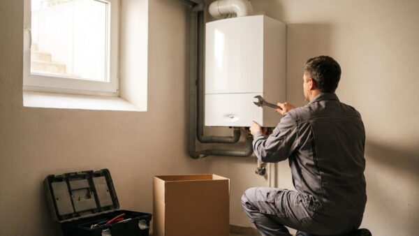 Installateur montiert eine neue Gasheizung als Brennwertgerät an einer Kellerwand