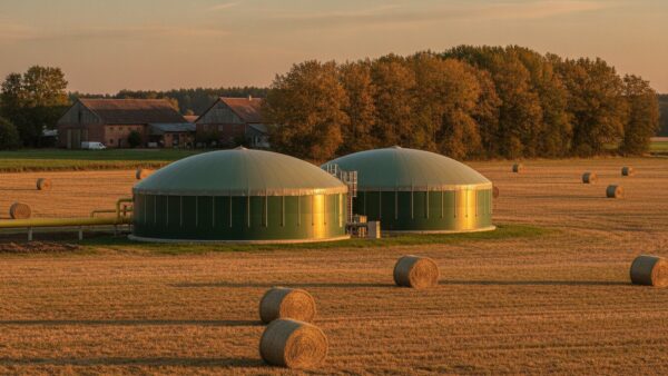 Biogasanlage mit zwei grünen Gärbehältern neben einem Feld – Biomethan für die Bio-Treppe der Gasheizung