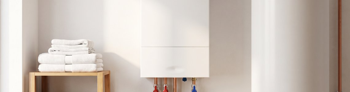 Hauswirtschaftsraum mit wandhängender Gasheizung, Kupferrohren und Warmwasserspeicher