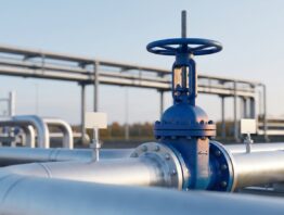 Gasrohrleitungen mit blauem Absperrventil auf dem Gelände eines Erdgasspeichers