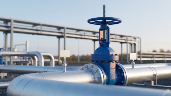 Gasrohrleitungen mit blauem Absperrventil auf dem Gelände eines Erdgasspeichers