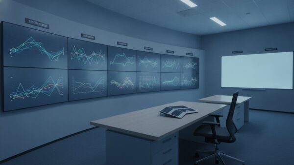 Heller Kontrollraum mit Monitoren, die abstrakte Linien zeigen, und leerem Schreibtisch
