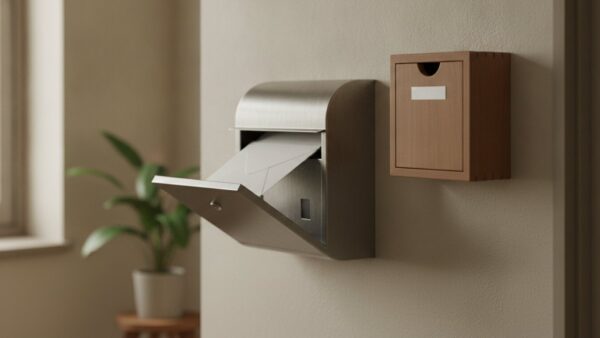 Geöffneter Briefkasten im Wohnungsflur mit zwei unbeschrifteten Briefumschlägen